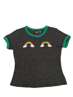 Hell Bunny Ringer Striped Baby Tee with Rainbow Patches and Green Trim
